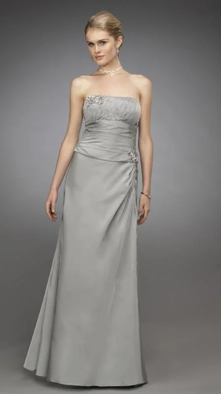 Seasonal Clearance La Femme - 13672 Embellished Ruched Strapless Straight Neck A-line Dress