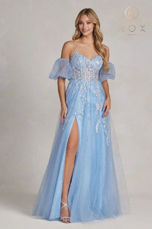 Online Only Applique Sleeveless Puff Sleeve Gown by Nox Anabel E1173