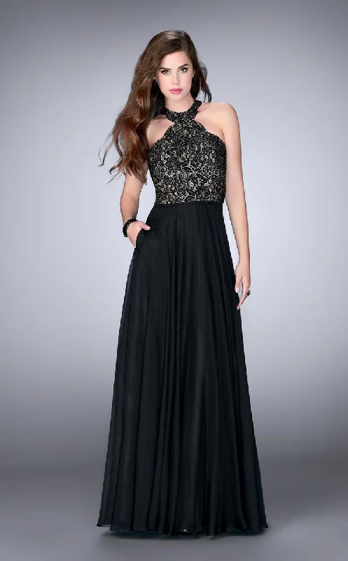 Price Smash La Femme - 23975 Lace Detail Halter Top Chiffon Long Prom Dress
