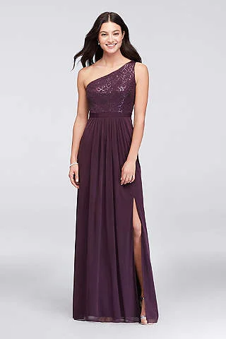 Overstock David's Bridal Long One Shoulder Lace Bridesmaid Dress/F17063