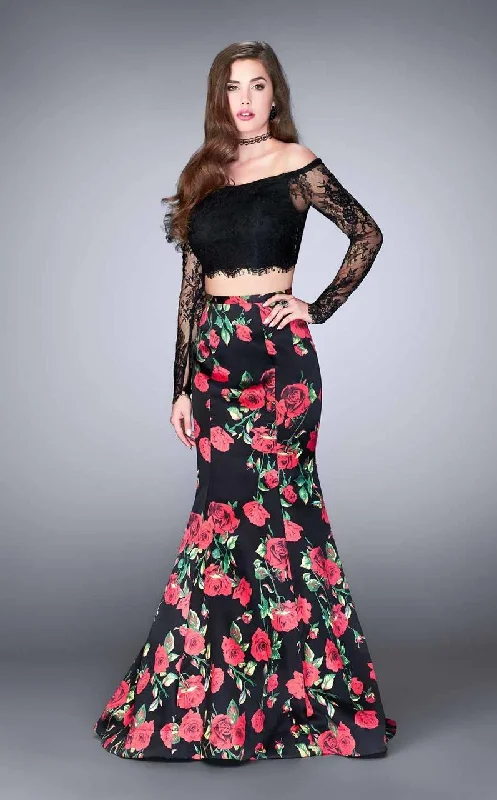 Price Meltdown La Femme - 24522 Sultry Off The Shoulder Laced Two-piece Floral Mermaid Dress