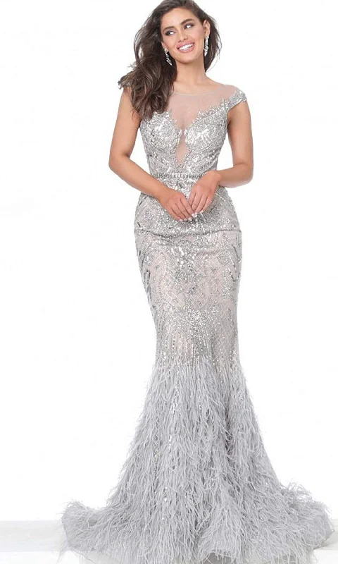 Deep Discounts Jovani - 00880 Metallic Ornate Feather-Fringed Flare Gown