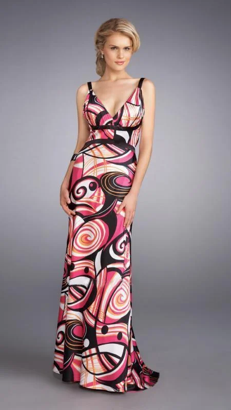 New Markdowns La Femme - 13262 Vibrantly Print V-Neck Sheath Gown with a Brooch Accent