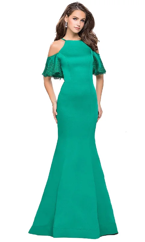 Final Markdown La Femme - 26145 Lace Trimmed High Halter Satin Mermaid Gown