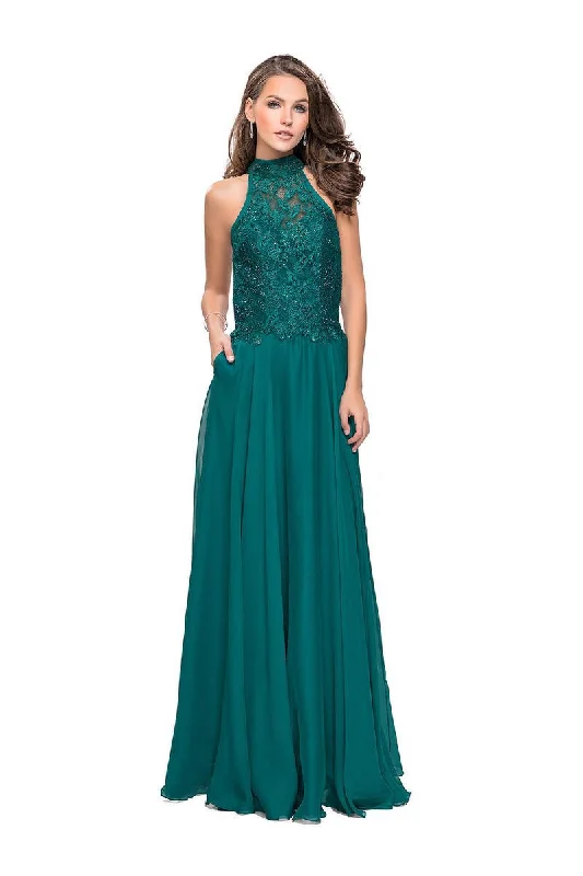 Price Cut La Femme - 25355 Bejeweled Illusion Halter Lace Chiffon Gown