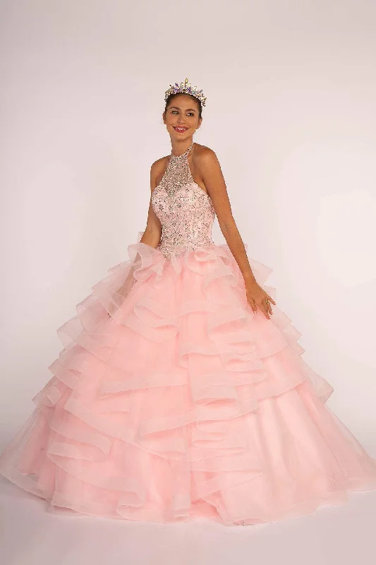 Price Slash Elizabeth K - GL2512 Ornate Illusion High Halter Ruffled Ballgown