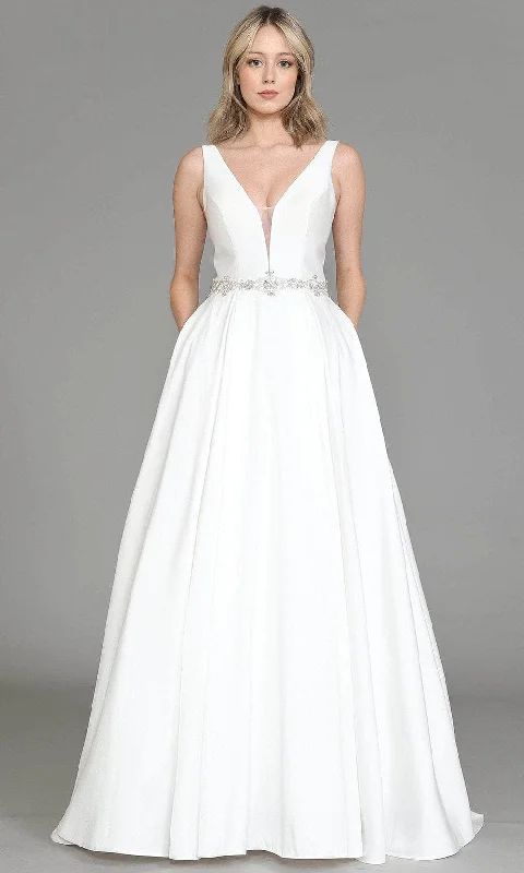 Final Clearance Poly USA 8498 - V-Neck Jeweled Waistline Bridal Gown