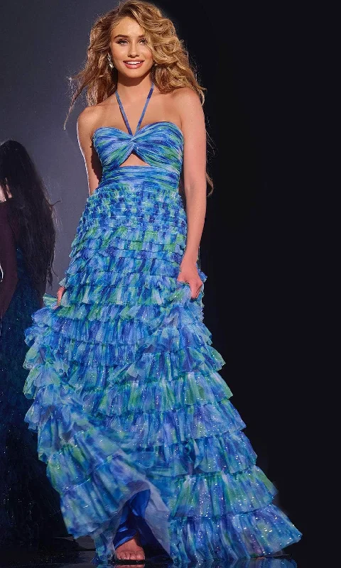 Overstock Sale Jovani 42182 - Halter Neck Tiered Ruffle Keyhole Prom Gown