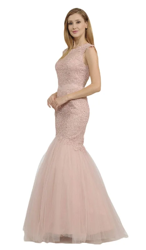 Buy More, Save More Poly USA - 8226 Cap Sleeve Appliqued Illusion Cutout Mermaid Gown