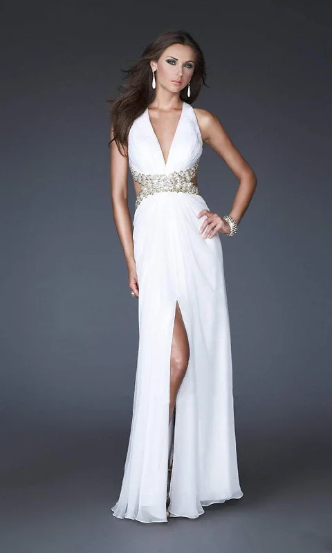 Epic Deals La Femme - 16100 Gold Strap Crisscross Back Halter Style Evening Gown