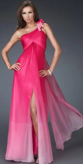Markdowns La Femme - 16545 Floral-Accented Ruched Asymmetric A-line Dress