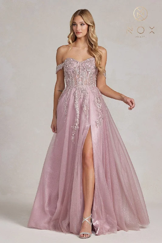 Price Cut Applique Off Shoulder Gown by Nox Anabel E1128