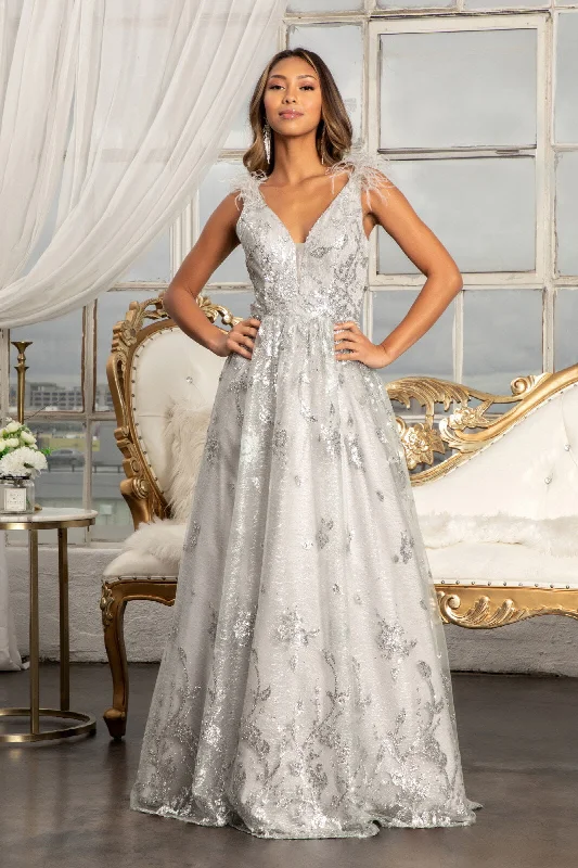 Seasonal Sale Feather Glitter Print Gown by Elizabeth K GL3048