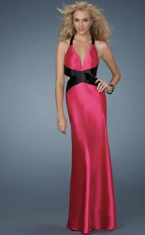 Deep Discounts La Femme Gigi - 14660 Deep V-Neck Halter Gown with Crisscross Back