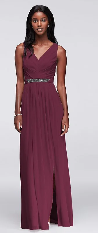 YEAR-End Sale David's Bridal W11092 Long Mesh Dress w V-Neck/Beaded Waistband