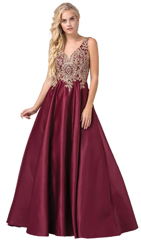 Mega Sale Dancing Queen - 2533 Gold Lace Embellished Sleeveless V Neck Satin A-Line Gown