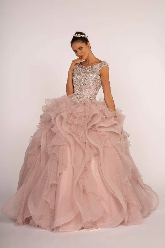 Doorbuster Deal Elizabeth K - GL2514 Cap Sleeve Metallic Beaded Cascading Ballgown