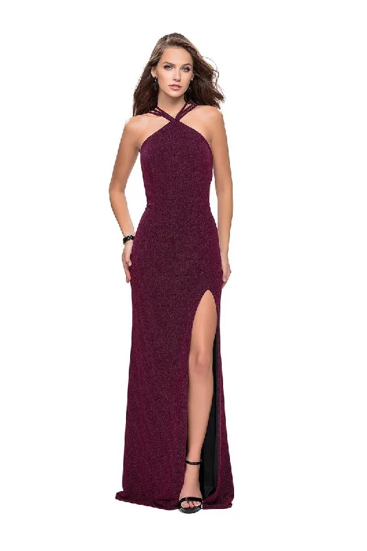 Anniversary Sale La Femme - 25346 Strappy Lattice Back High Halter Jersey Gown