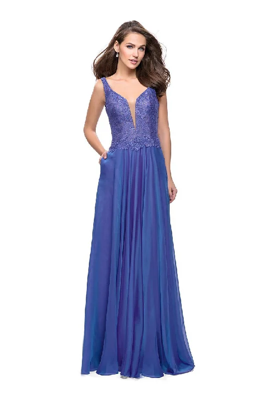 Limited Edition La Femme - 25513 Beaded Lace Plunging Chiffon Dress