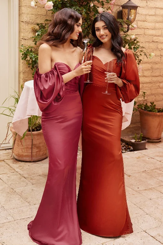 Online Exclusive Fitted Long Sleeve Satin Gown by Cinderella Divine 7482