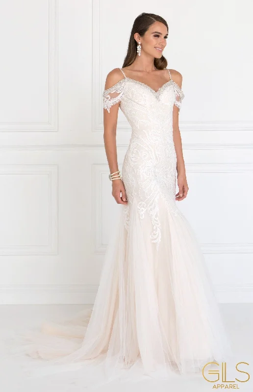 New Deals Long Cold Shoulder Ivory Wedding Dress by Elizabeth K GL1513