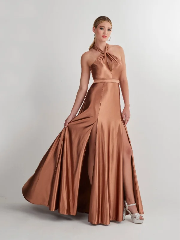While Supplies Last Satin Halter Keyhole A-line Slit Gown by Studio 17 12902