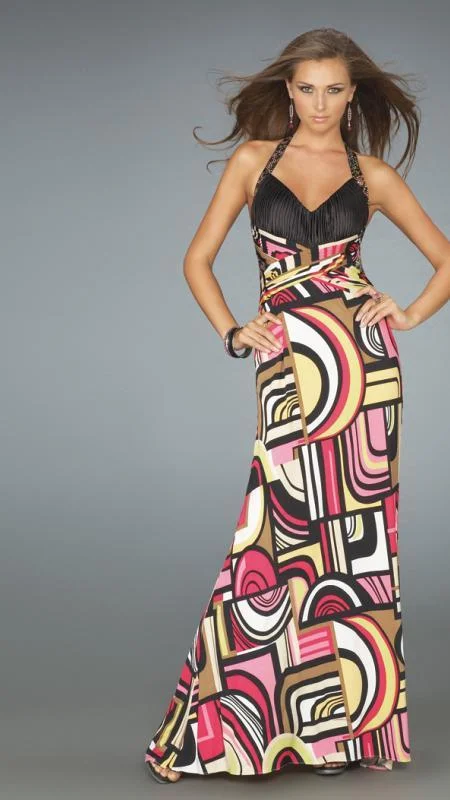 Daily Deals La Femme - 14283 Long Halter Printed Dress