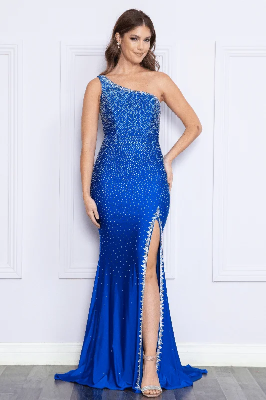 Amazing Deals Fitted One Shoulder Rhinestone Slit Gown by Poly USA 9146