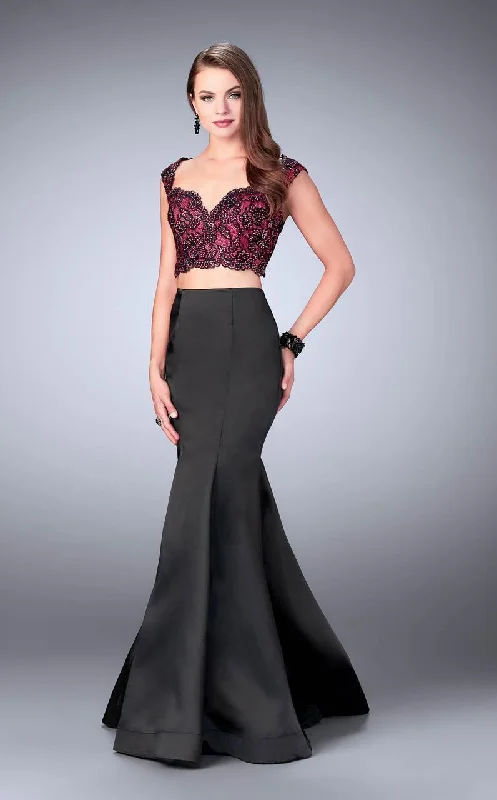 Price Slash La Femme - 24235 Dramatic Beaded Lace Applique Long Mikado Evening Gown