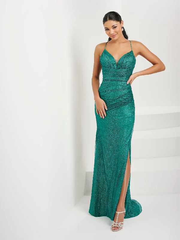 Value Deals Fitted Glitter Lace-Up Slit Gown by Tiffany Designs 16075