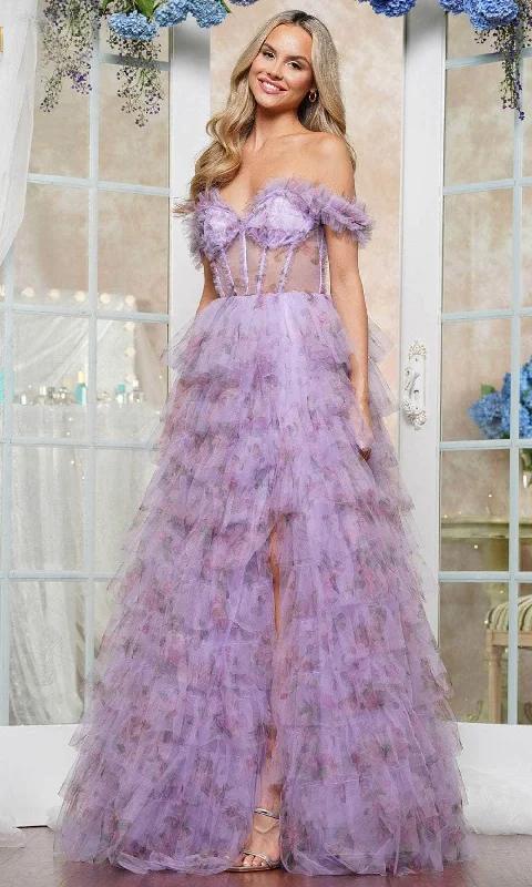 Final Clearance Colors Dress 3504 - Off-Shoulder Floral Printed Prom Gown