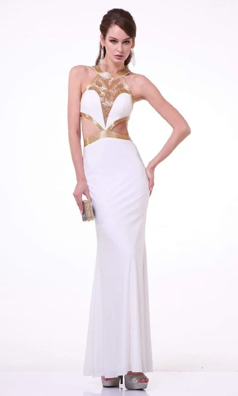 Deal of the Day Cinderella Divine - J735 Sheer Beaded Halter Midriff Cutout Dress