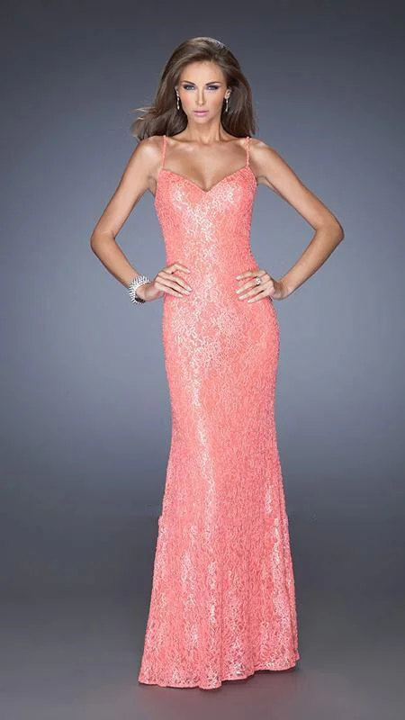 Bonus Savings La Femme - 20431 Sequin and Lace Spaghetti Strap Evening Dress