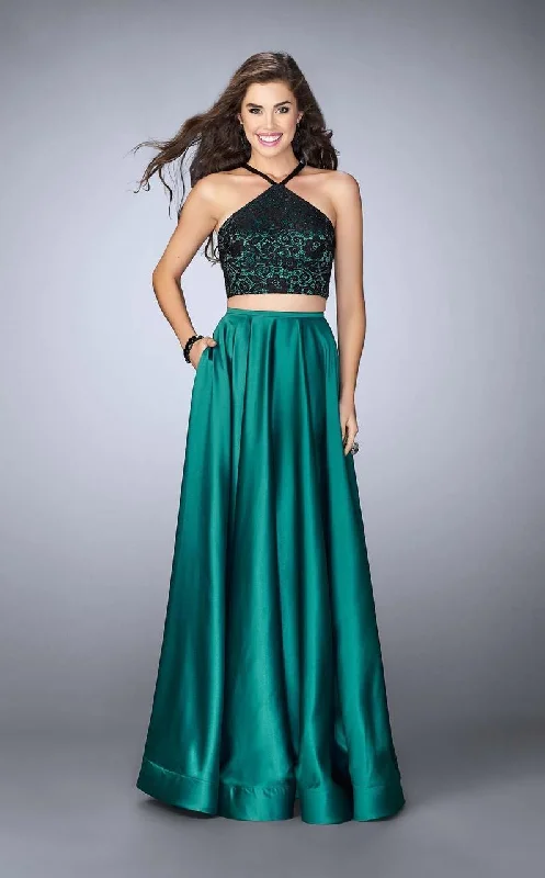 Special Buy La Femme - 24264 Sleeveless Halter Neck Laced and Satin Two-piece A-line Dress
