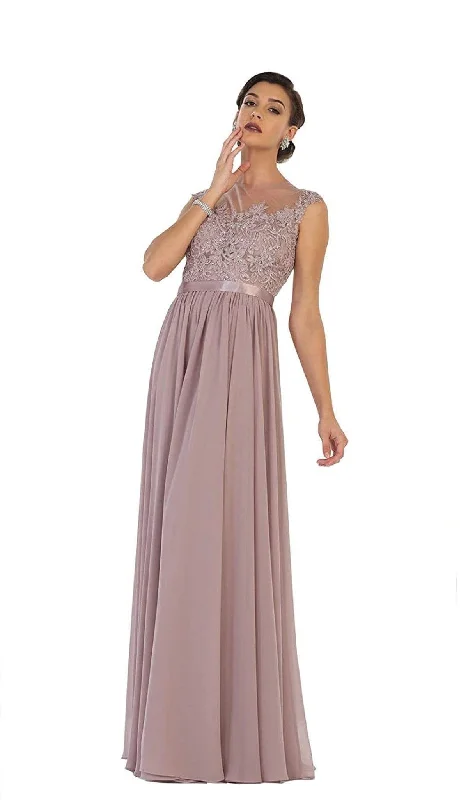 Savings Galore May Queen - Dainty Cap Sleeve Lace Applique Illusion Prom Gown
