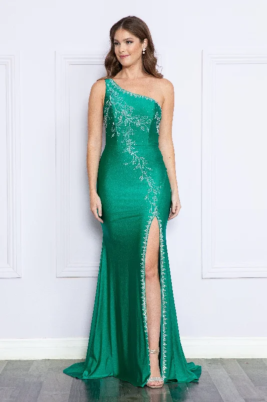 New Markdowns Fitted Embroidered One Shoulder Gown by Poly USA 9136