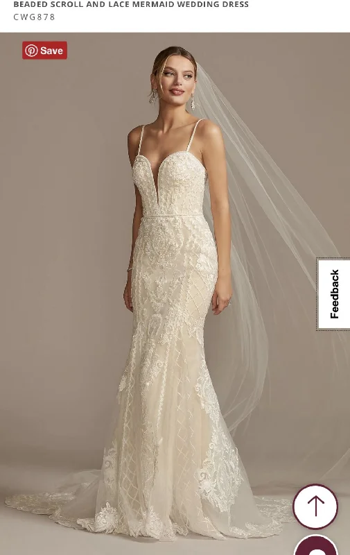 Savings Event Oleg Cassini BEADED SCROLL AND LACE MERMAID DRESS/ CWG878
