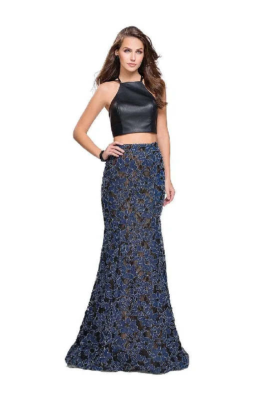 Today’s Special La Femme - 25602 Strappy Two Piece Halter Leather and Denim Gown