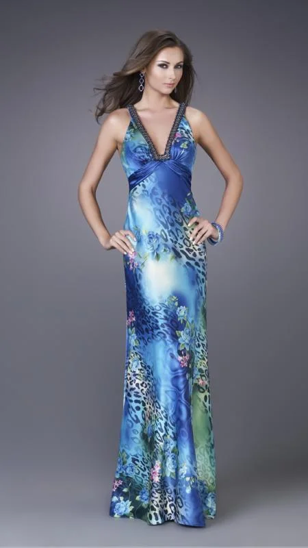 Massive Deals La Femme - 15734 Feisty Floral and Animal Print V-Neck Sheath Gown