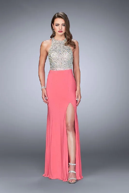 Factory Direct Sale La Femme Gigi - 23770 Glimmering Silver Halter Jersey Dress