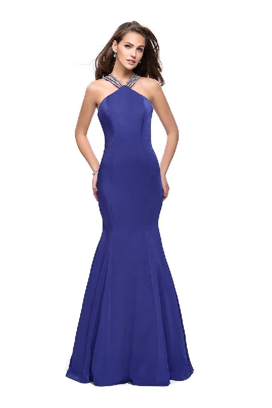 Great Deals La Femme - 25763 Beaded Strappy Halter Mermaid Dress
