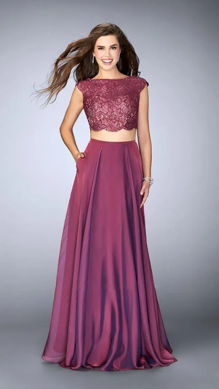 Super Deal La Femme - 23922 Sophisticated Laced Bateau Neck Two-Piece Chiffon Dress