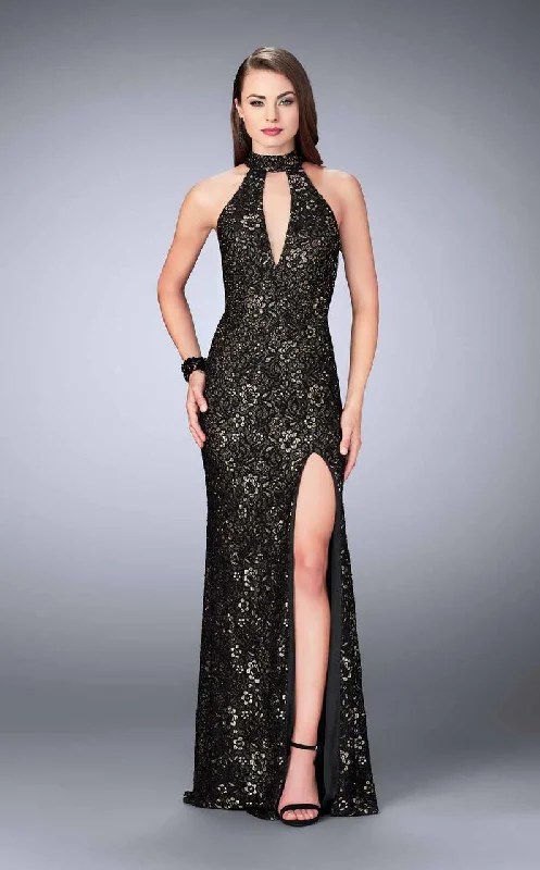 Savings Spectacular La Femme - 24439 Lace Halter Long Evening Gown with Sultry Keyhole Opening
