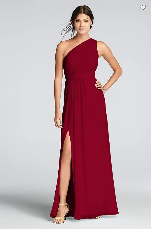 Savings Event David's Bridal Long One-Shoulder Crinkle Chiffon Dress/F18055