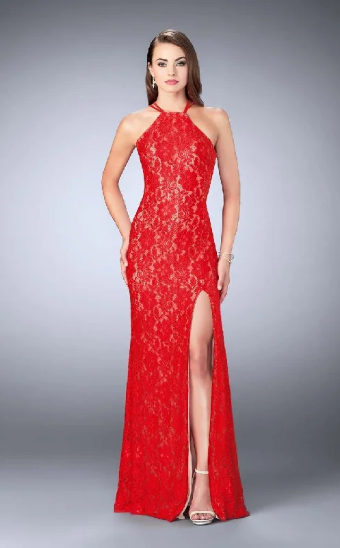 Warehouse Sale La Femme - 24293 Classic High Halter Lace Long Sheath Evening Gown