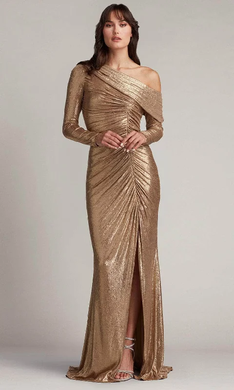 Fantastic Offers Tadashi Shoji BSJ24030L - Faina Metallic Asymmetric Gathered Slit Gown