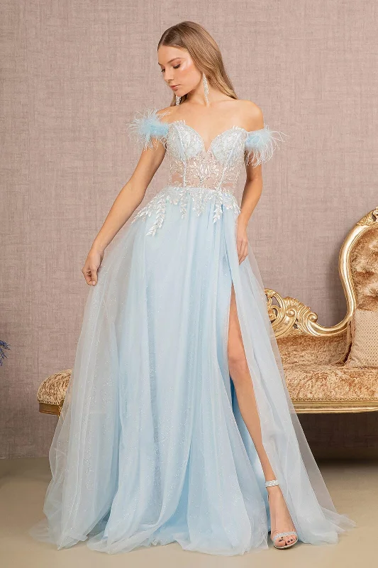 Limited Availability Off Shoulder Feather Slit Gown by GLS Gloria GL3135