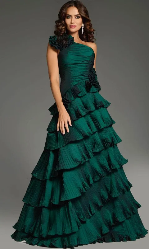 Midnight Madness Jovani 37065 - One-Shoulder Floral Appliques Prom Gown