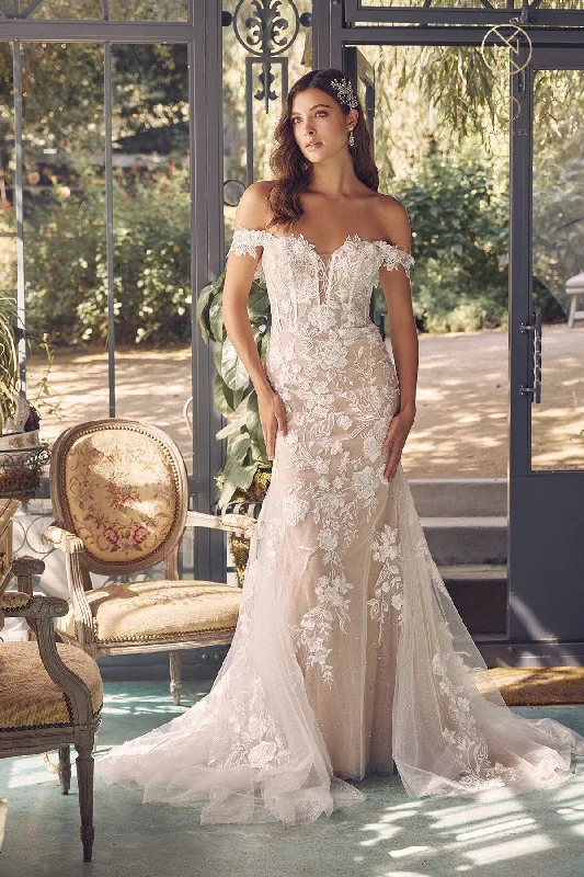Best Bargains Applique Off Shoulder Bridal Mermaid Gown by Nox Anabel JE974