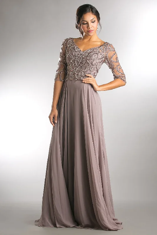 Grand Opening Sale Beaded 3/4 Sleeve V-Neck Chiffon Gown by Amelia Couture 7046